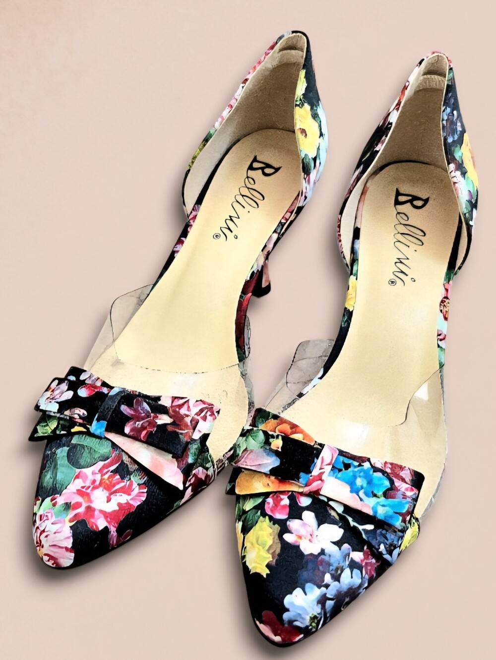 Bellini Cupcake Kitten Heel Pumps Black Floral/Lucite Sz 9W Coquette Cottagecore